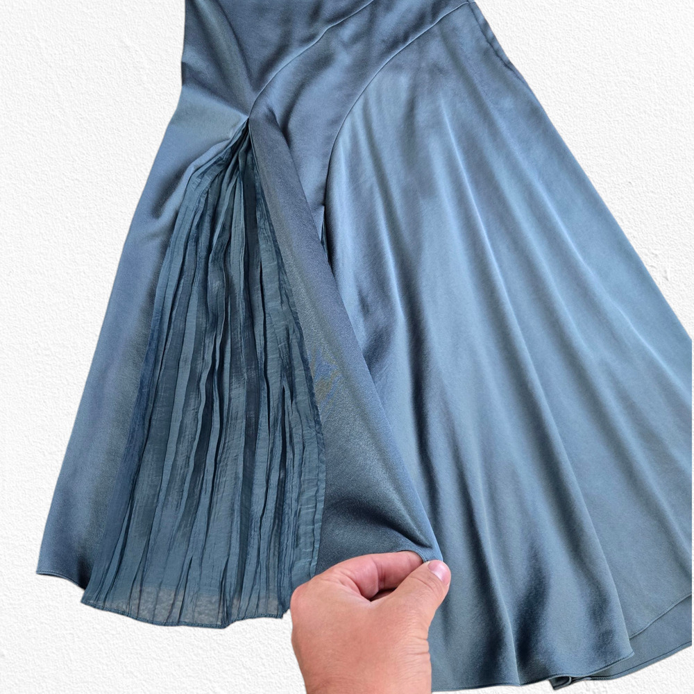 Vince Gray Blue Green Asymmetrical Satin Pleated Modern Luxe Midi Skirt Size 2 - Picture 5 of 12
